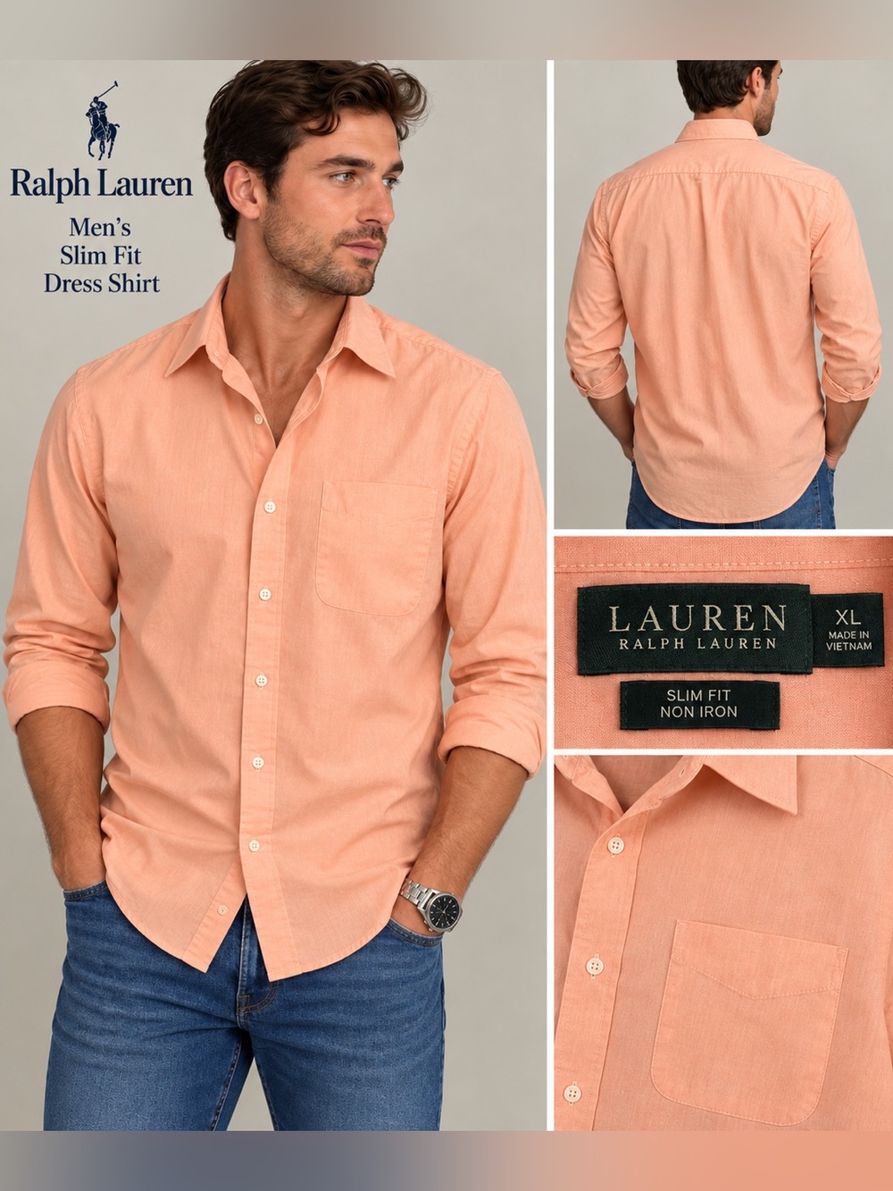 Ralph Lauren Men’s XL Slim Fit Non-Iron Dress Shirt Peach/Coral